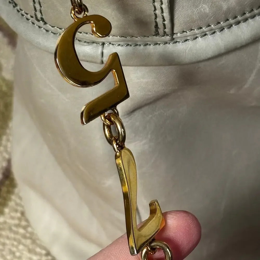 Enrico Coveri taupe leather shoulder bag bucket purse numbers gold chain straps